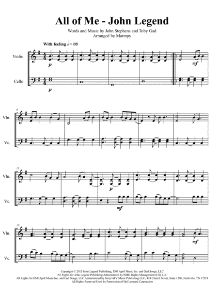 Free Sheet Music All Of Me John Legend Arranged For String Duet