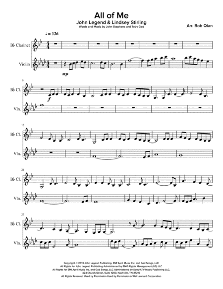 All Of Me John Legend Lindsey Stirling Version Clarinet Violin Sheet Music