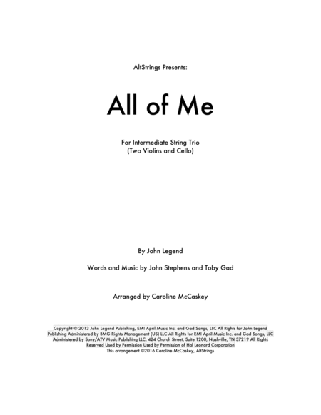 All Of Me String Trio Two Violins And Cello Sheet Music