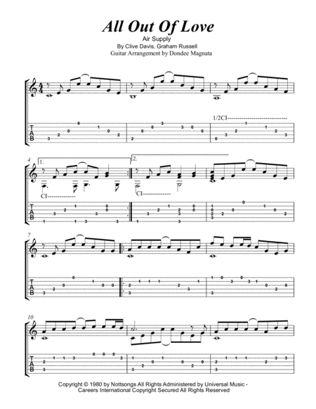 Free Sheet Music All Out Of Love Fingerstyle Guitar