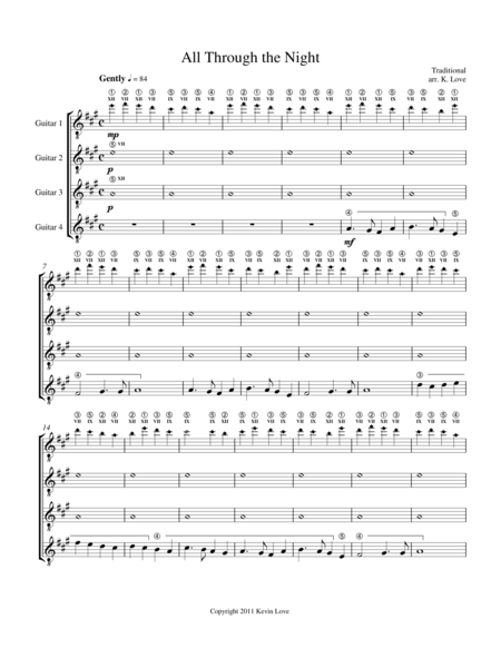 Free Sheet Music All Through The Night Guitar Quartet Score And Parts