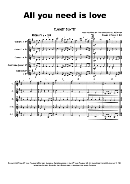 Free Sheet Music All You Need Is Love Beatles Clarinet Quintet