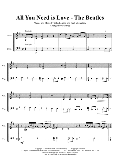 All You Need Is Love The Beatles Arranged For String Duet Sheet Music