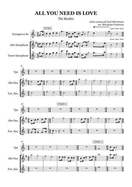 Free Sheet Music All You Need Is Love Trumpet Alto Tenor Saxophone