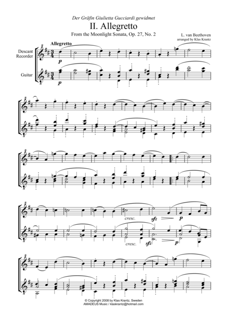 Free Sheet Music Allegretto Moonlight Sonata For Descant Recorder And Guitar