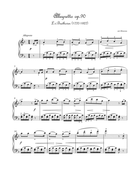 Allegretto Op90 By Beethoven For Easy Piano Sheet Music