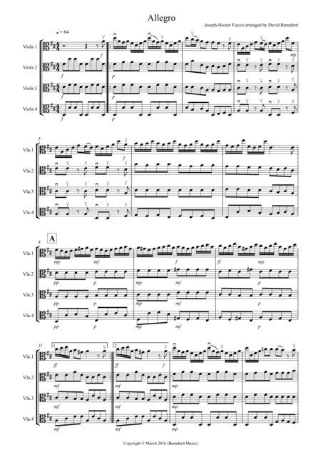 Free Sheet Music Allegro By Fiocco For Viola Quartet