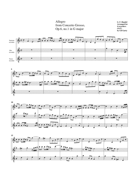 Allegro From Concerto Grosso Op 6 No 1 In G Major Arrangement For 3 Recorders Sheet Music