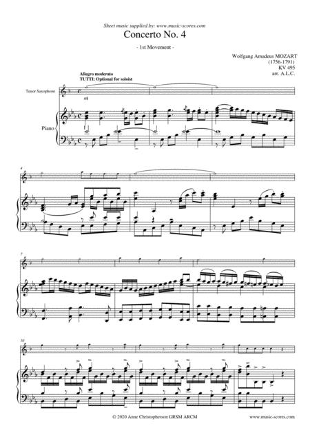 Free Sheet Music Allegro From Mozarts 4th Horn Concerto Tenor Sax And Piano