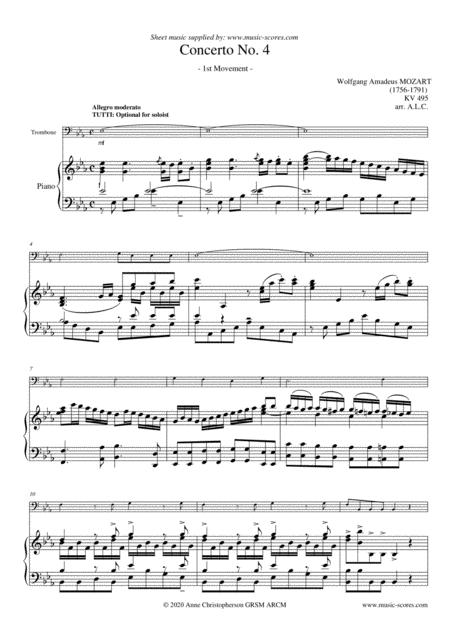 Allegro From Mozarts 4th Horn Concerto Trombone And Piano Sheet Music