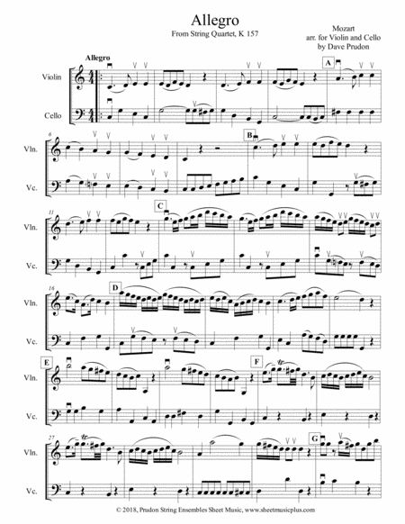 Allegro From Mozarts String Quartet K 157 For Violin And Cello Sheet Music