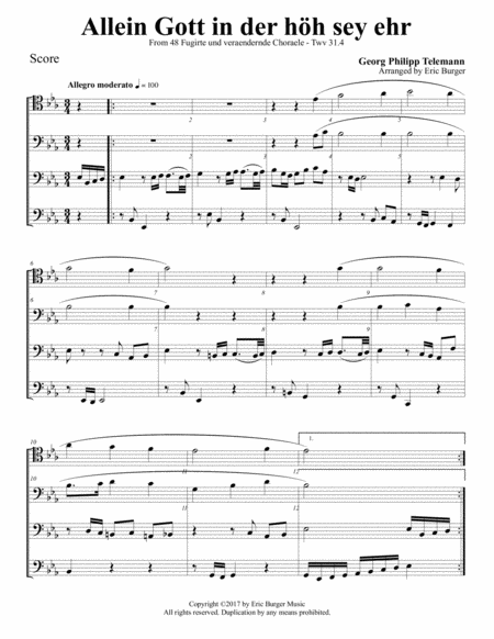 Free Sheet Music Allein Gott In Der Hh Sey Ehr For Trombone Or Low Brass Quartet