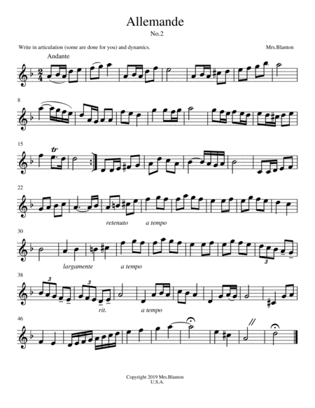 Allemande No 2 Unaccompanied Violin Solo Sheet Music