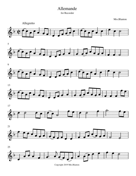 Allemande Unaccompanied Recorder Solo Sheet Music