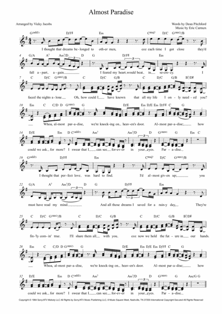 Almost Paradise Lead Sheet For Singalongs Sheet Music