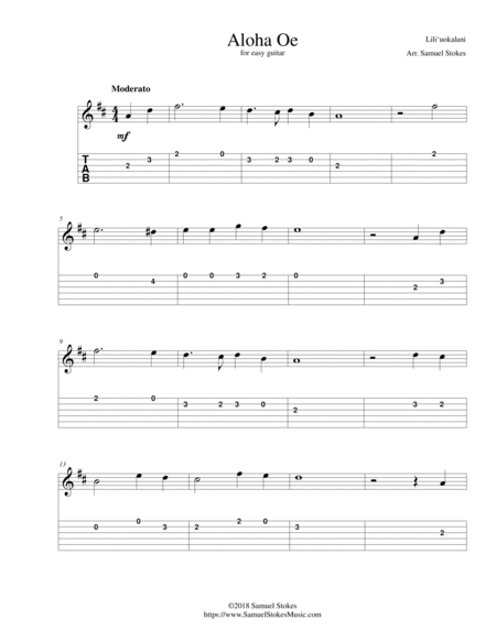 Aloha Oe For Easy Guitar With Tab Sheet Music