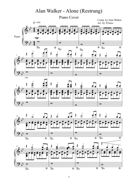 Alone Alan Walker Restrung Piano Cover Sheet Music