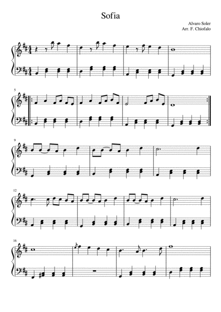 Alvaro Soler Sofia Easy Piano Solo Sheet Music