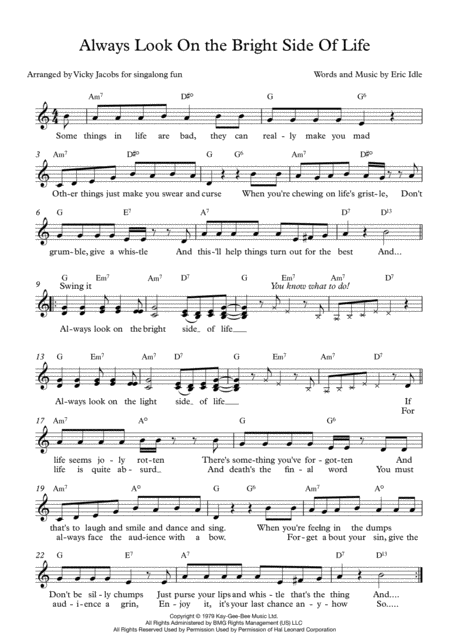 Free Sheet Music Always Look On The Bright Side Of Life Leadsheet For Singalongs