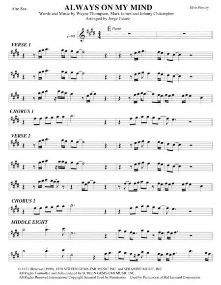 Always On My Mind Alto Sax Sheet Music