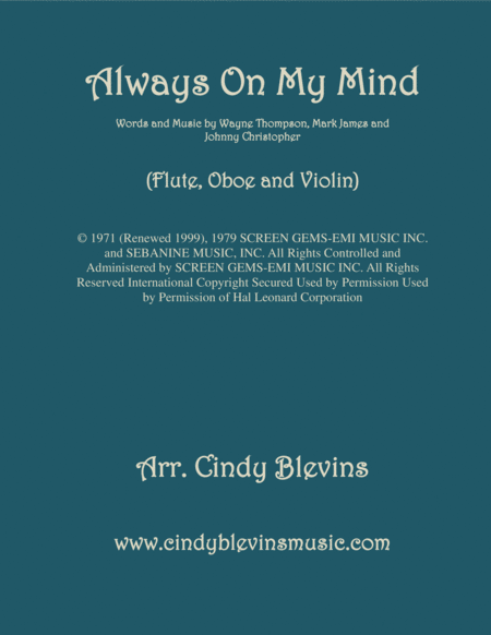 Always On My Mind Arranged For Flute Oboe And Violin Sheet Music