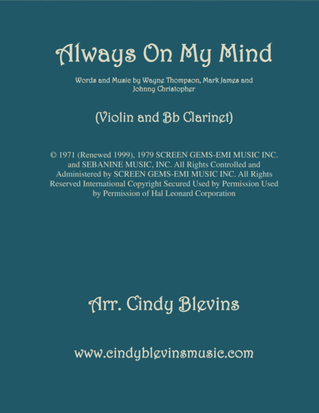 Free Sheet Music Always On My Mind Arranged For Violin And Bb Clarinet