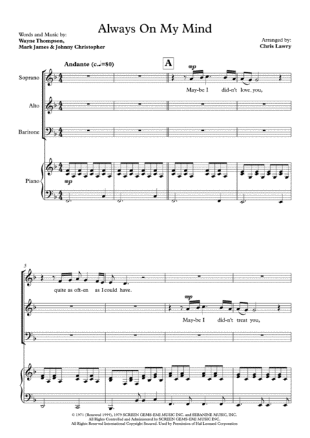 Always On My Mind Elvis Presley Willie Nelson For Sab Choir With Piano Accompaniment Sheet Music