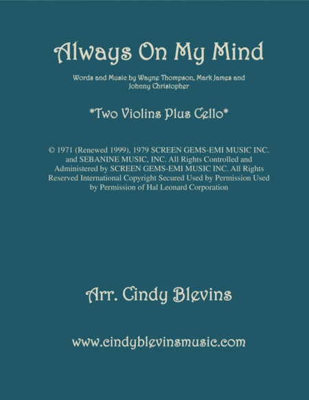 Always On My Mind For Two Violins And Cello Sheet Music