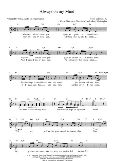 Free Sheet Music Always On My Mind Leadsheet For Singalongs