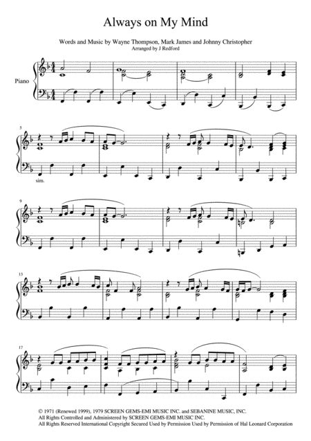 Free Sheet Music Always On My Mind Piano Solo