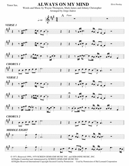 Free Sheet Music Always On My Mind Tenor Sax