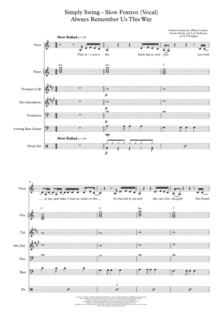 Free Sheet Music Always Remember Us This Way 3 Horn Jazz Combo Female Vocal Version