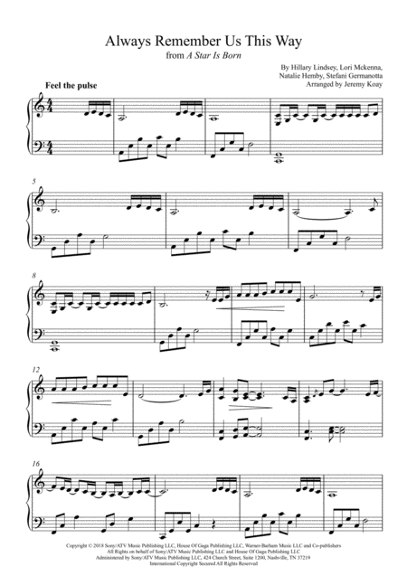 Always Remember Us This Way Solo Piano Sheet Music