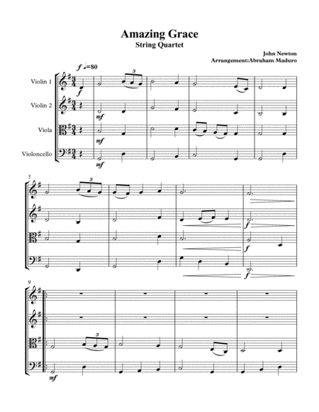 Free Sheet Music Amaizing Grace String Quartet Early Intermediate