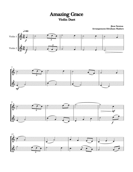 Amaizing Grace Violin Duet Sheet Music