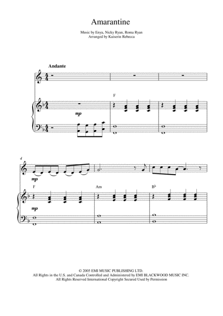 Amarantine English Horn Solo And Piano Accompaniment With Chords Sheet Music