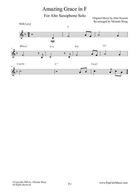 Free Sheet Music Amazing Grace Alto Saxophone Solo Concert Key