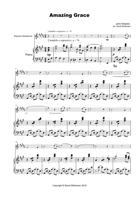 Amazing Grace Concert Solo For Soprano Saxophone And Piano Sheet Music