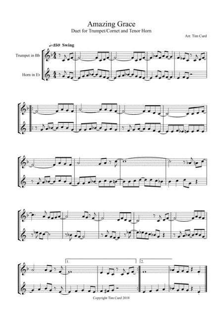 Amazing Grace Duet For Trumpet Cornet And Tenor Horn Sheet Music