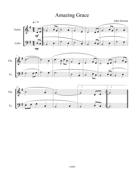 Free Sheet Music Amazing Grace Duet For Violin And Cello