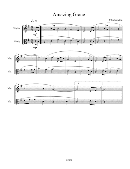 Free Sheet Music Amazing Grace Duet For Violin And Viola