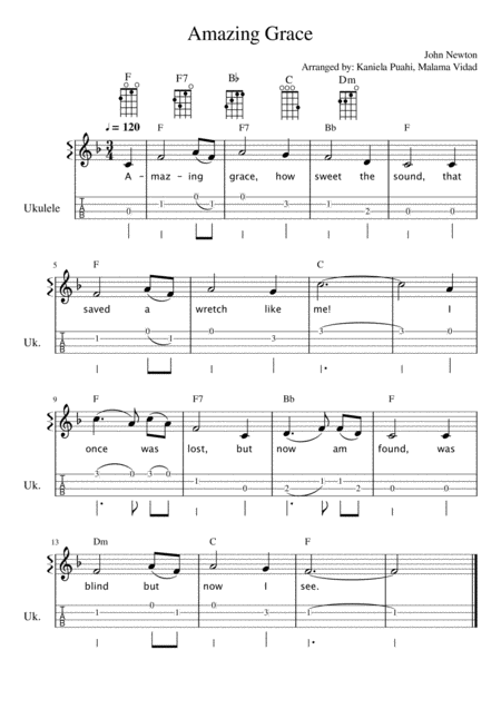 Free Sheet Music Amazing Grace Easy Ukulele Tab Fingerpicking