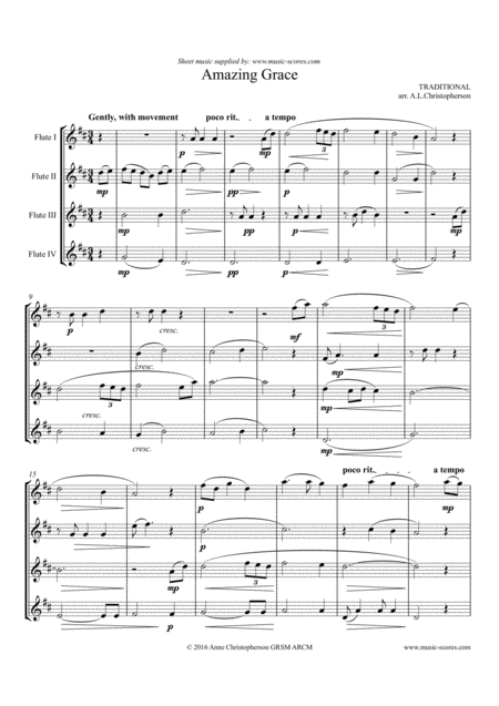 Free Sheet Music Amazing Grace Flute Quartet Intermediate