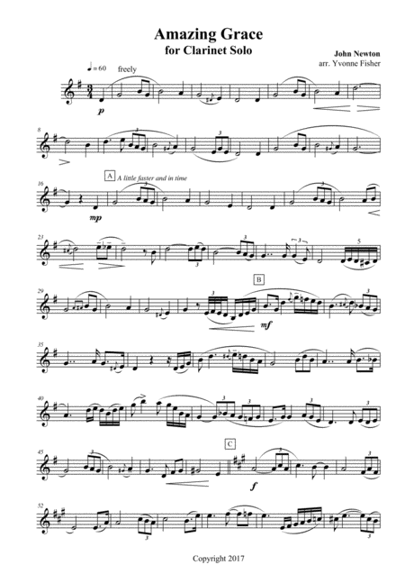 Free Sheet Music Amazing Grace For Clarinet Solo