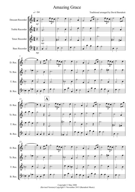 Free Sheet Music Amazing Grace For Recorder Quartet