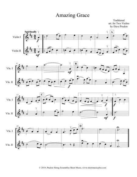 Amazing Grace For Two Violins Sheet Music