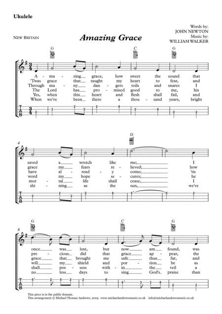 Amazing Grace For Ukulele With Tab Sheet Music