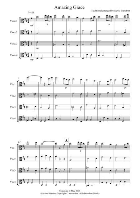 Amazing Grace For Viola Quartet Sheet Music