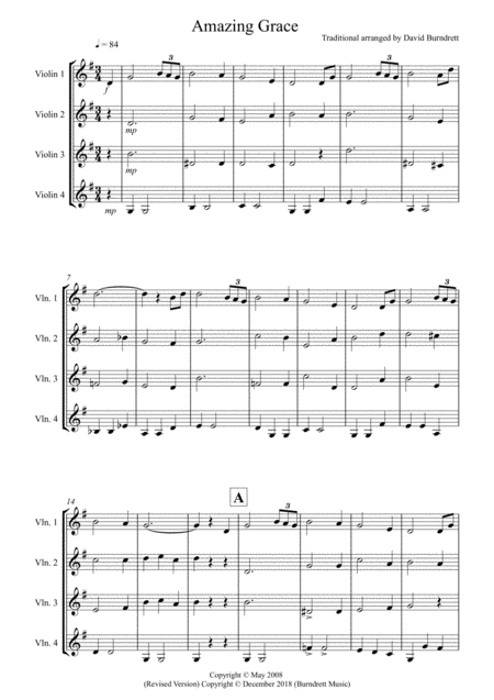 Amazing Grace For Violin Quartet Sheet Music