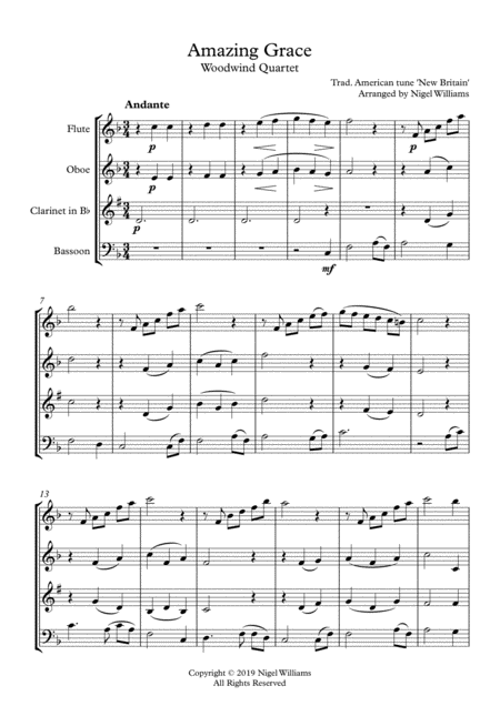 Free Sheet Music Amazing Grace For Woodwind Quartet